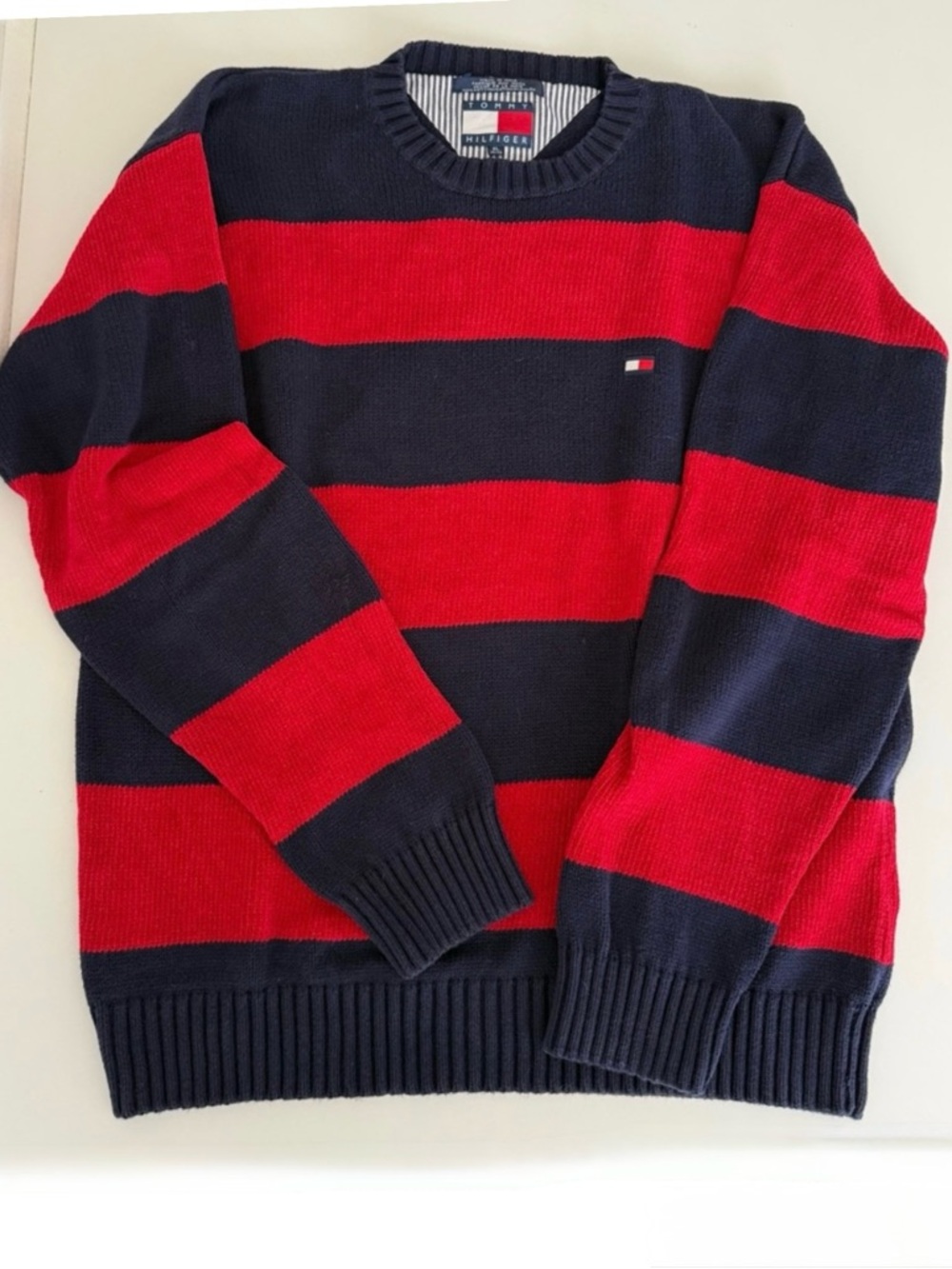 Vintage 90’s Tommy Hilfiger Navy Blue & Red Striped Knit Cotton Sweater Men’s XL